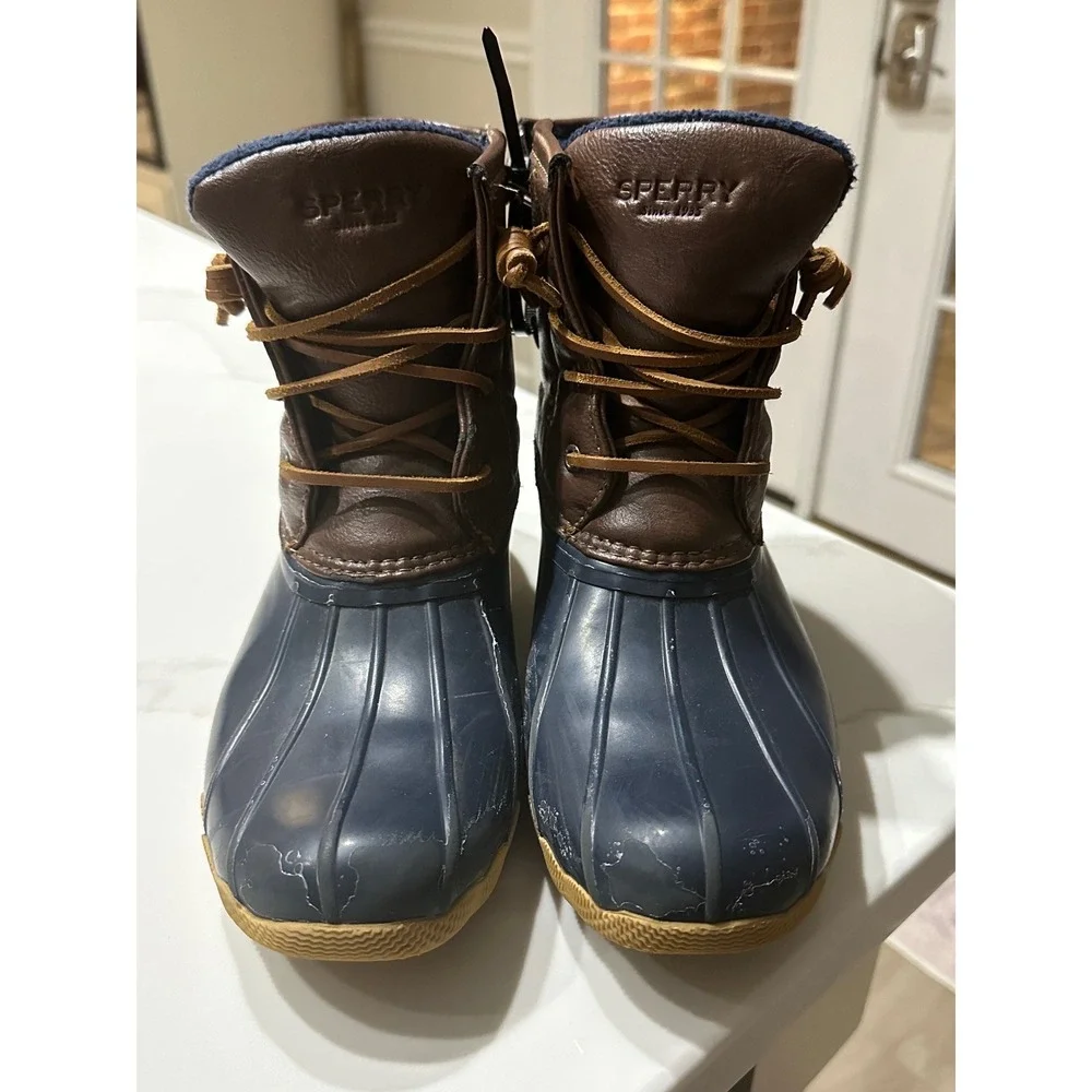 Sperry Top Sider Duck Boots Brown Leather‎ Navy Rubber Lace Up Women 5M